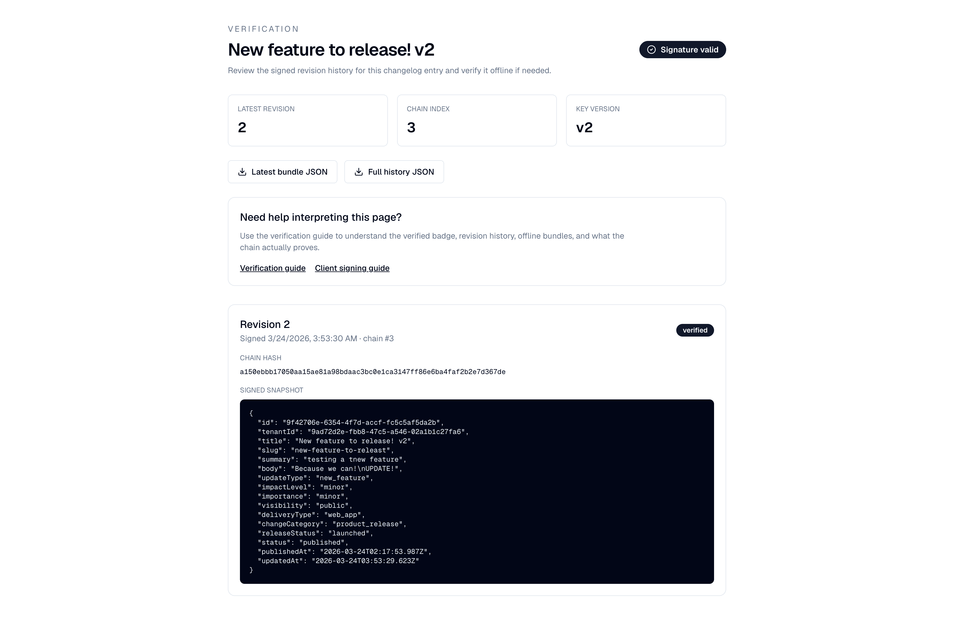 Verification page showing a valid signature status, revision metadata, bundle download links, and signed revision history.